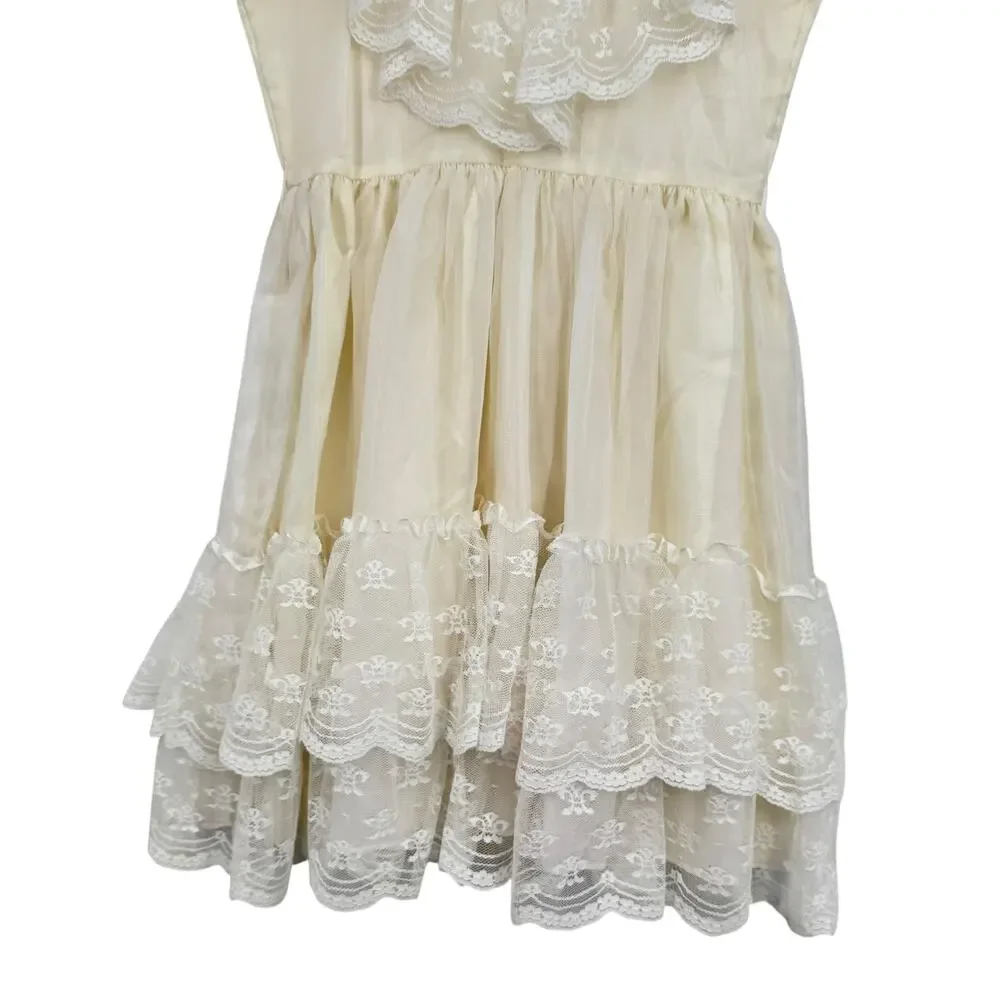 VTG Gold Bell dress girls 10 chiffon ruffle lace party pageant prairie cream USA